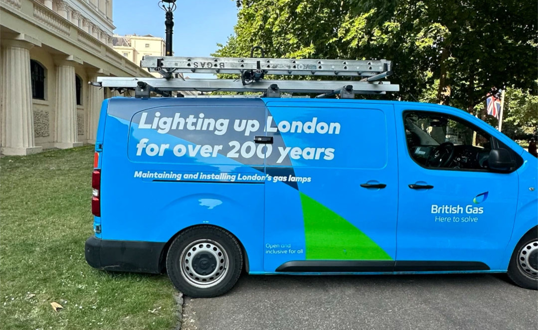 British Gas Van With Lighting Up London Written On The Sid